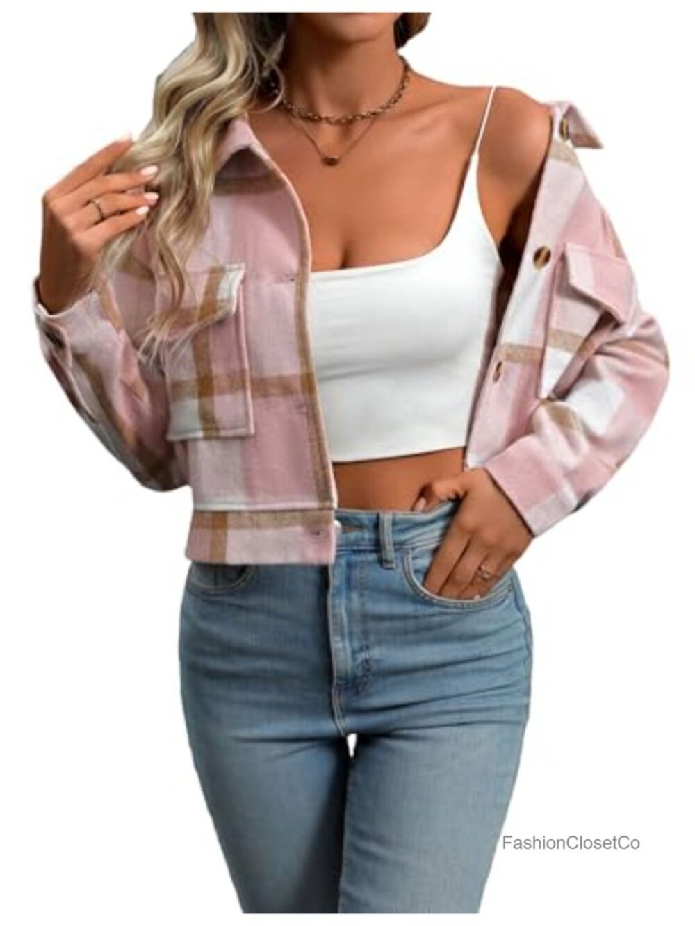 Women's Cropped Flannel Plaid Shacket Button Up Fall Jacket